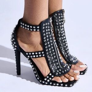 Elegant Black Studded High Heels with Zipper